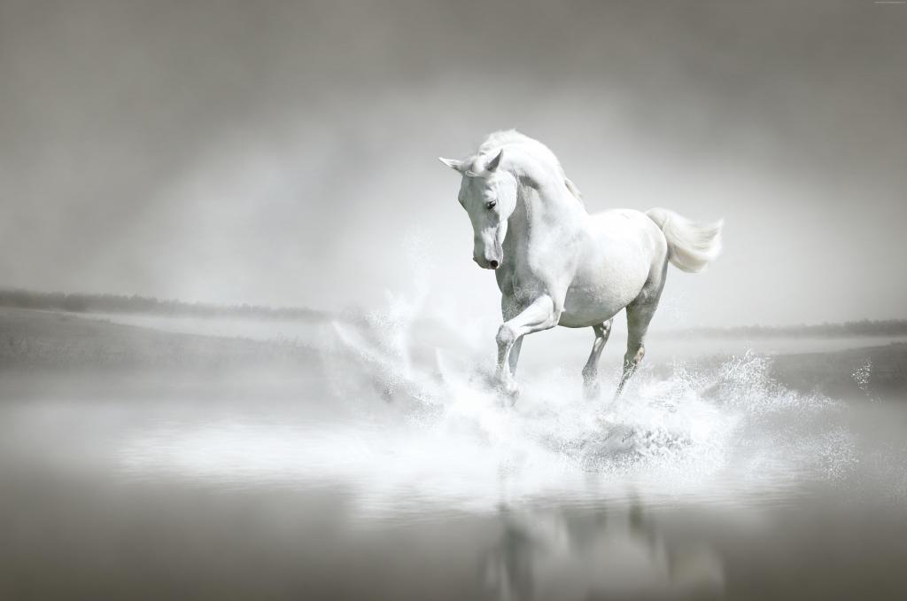 一匹漂亮的白马沿着水流