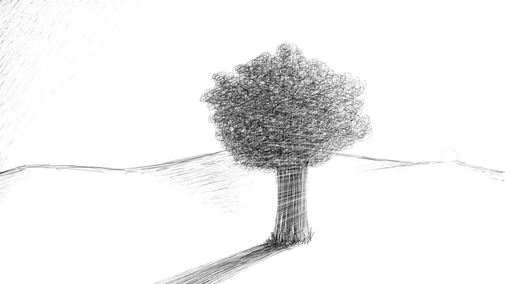 在沙漠中的树，用铅笔绘图