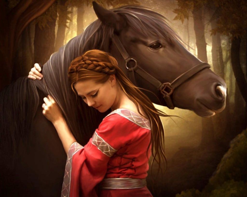 那女孩拥抱着这匹马