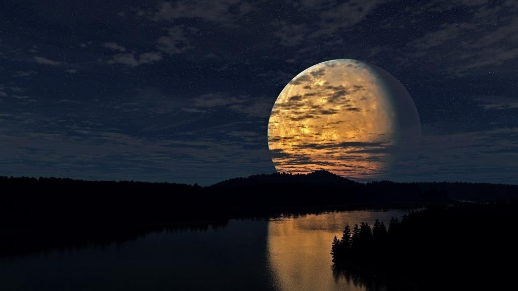 河上空中的一个大月亮