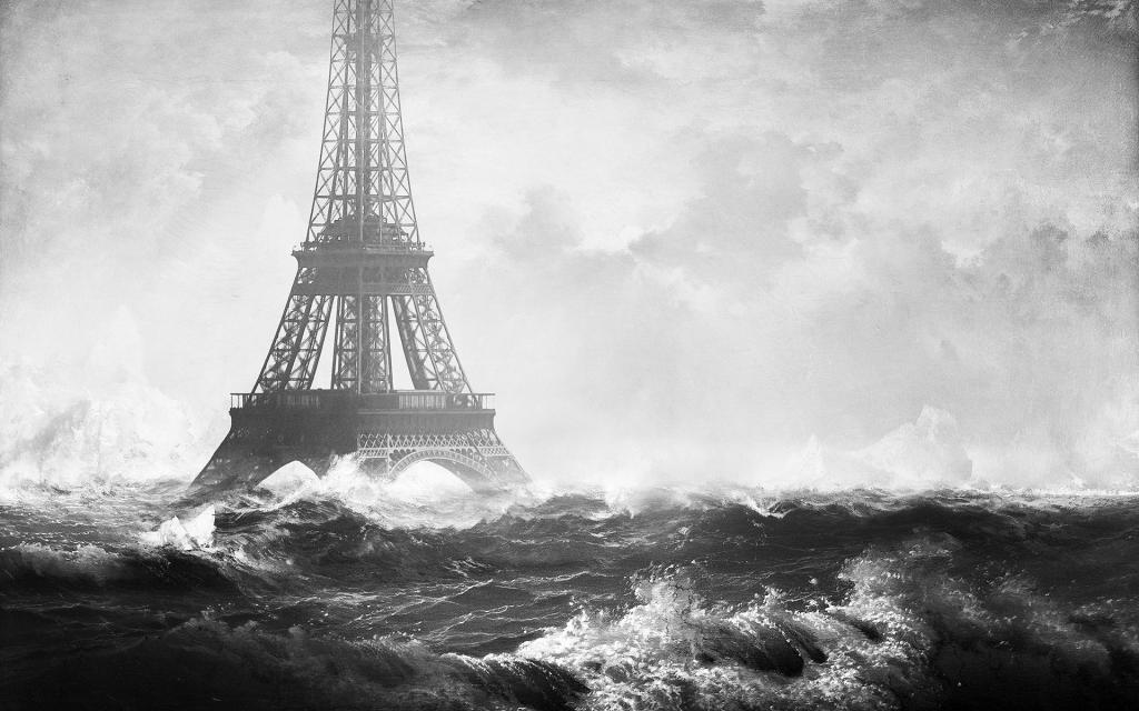 在风雨如磐的海中的艾菲尔铁塔