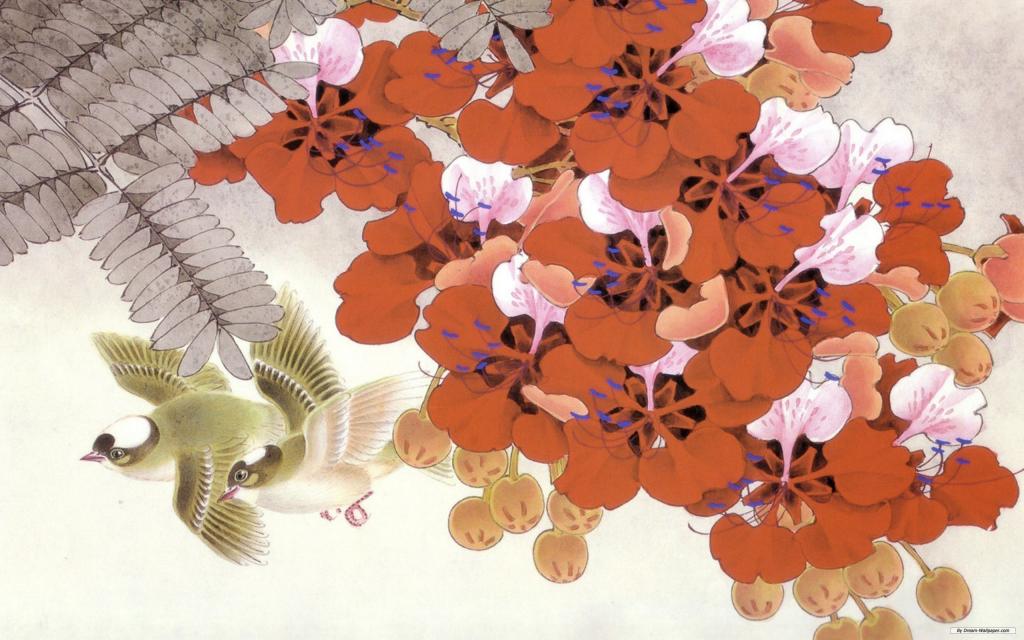 红色的花之间的鸟，日本绘画