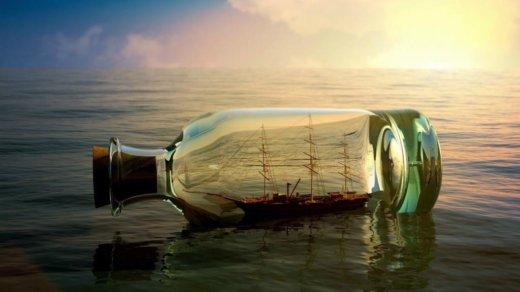 一艘船在海中间的一个瓶子里