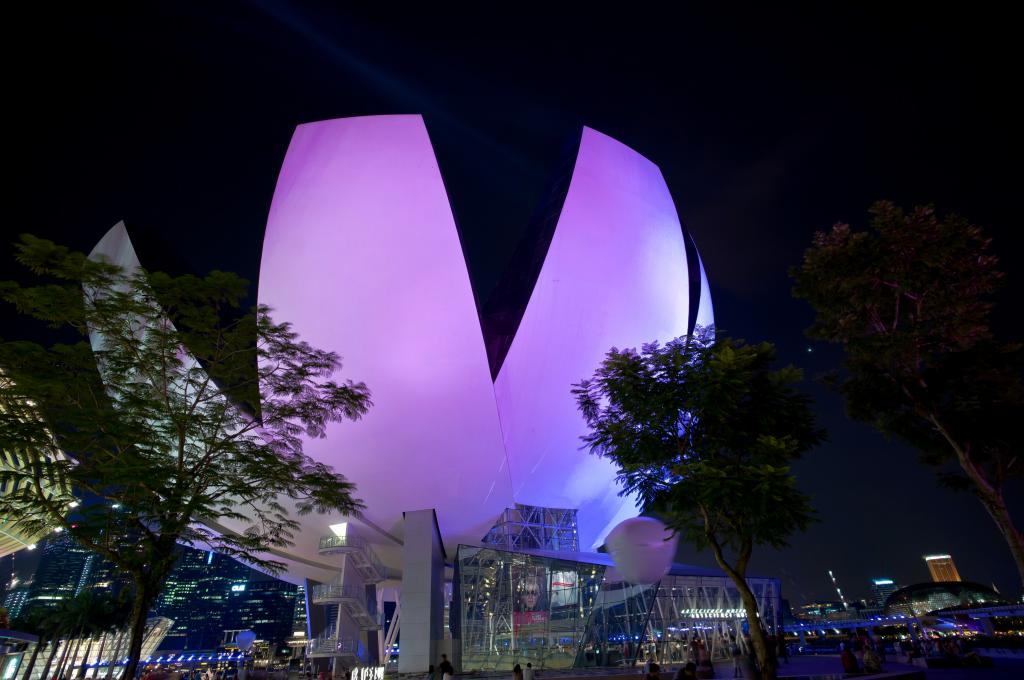 新加坡夜晚不寻常的紫罗兰色建筑