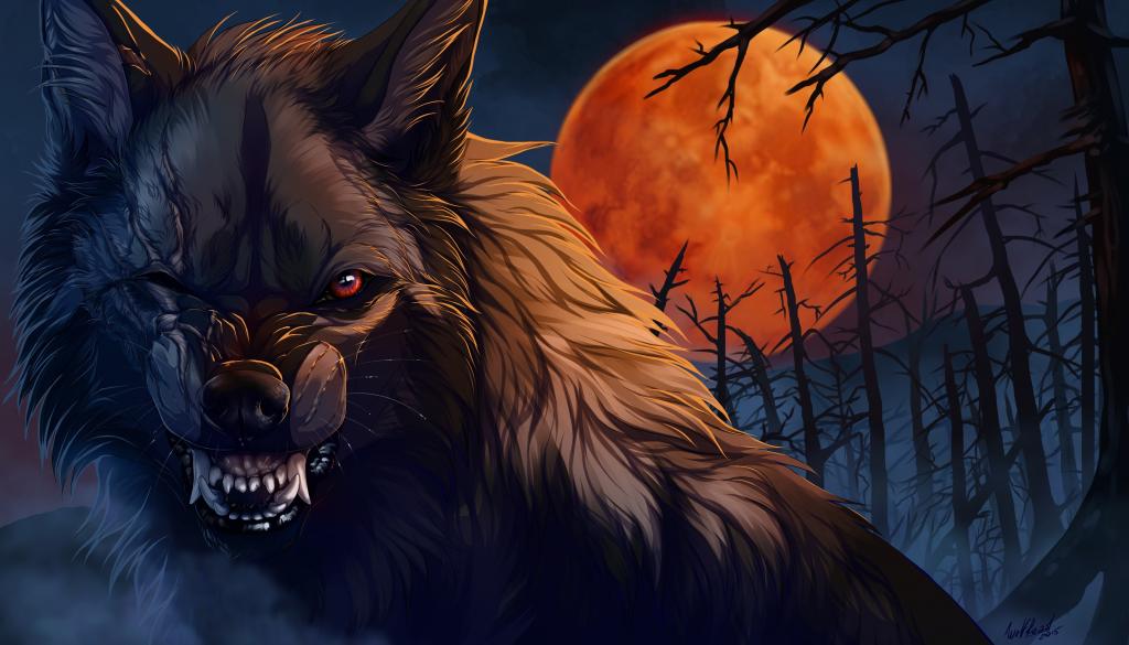 狼人在幻想的大红色月亮的背景上