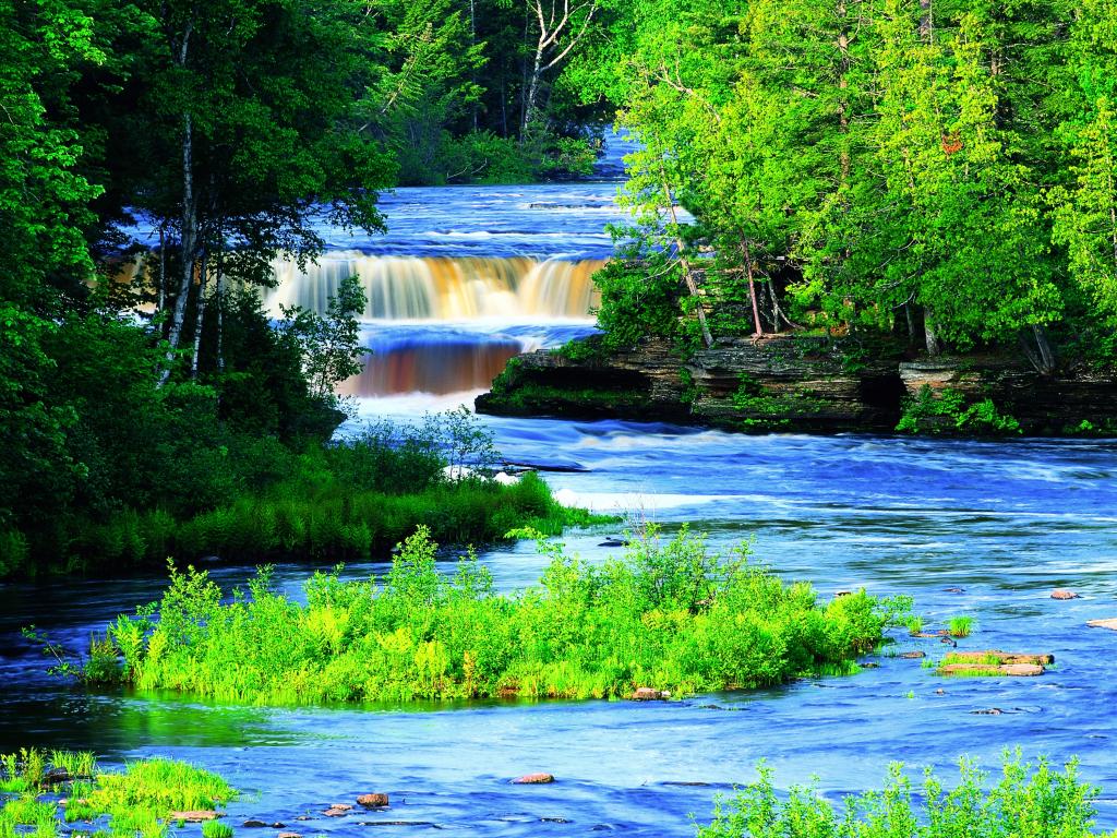 风景如画的河流与绿树之间的瀑布