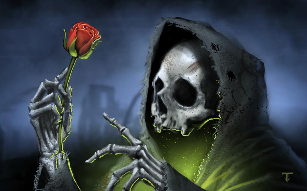 死亡在他手中持有一朵玫瑰