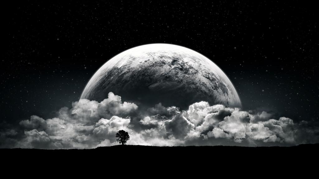 树，月亮，行星，星星，悲伤