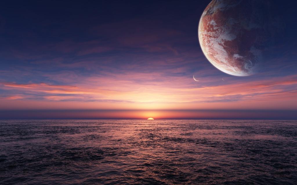在天空中的行星在日落在海洋中