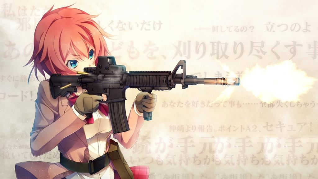 红色动漫女孩与自动步枪