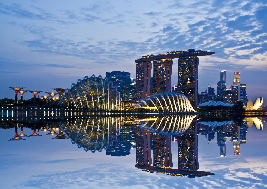 新加坡，灯，反射，摩天大楼