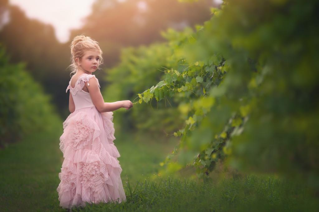 一条美丽的粉红色裙子的小女孩站在绿色的草地上