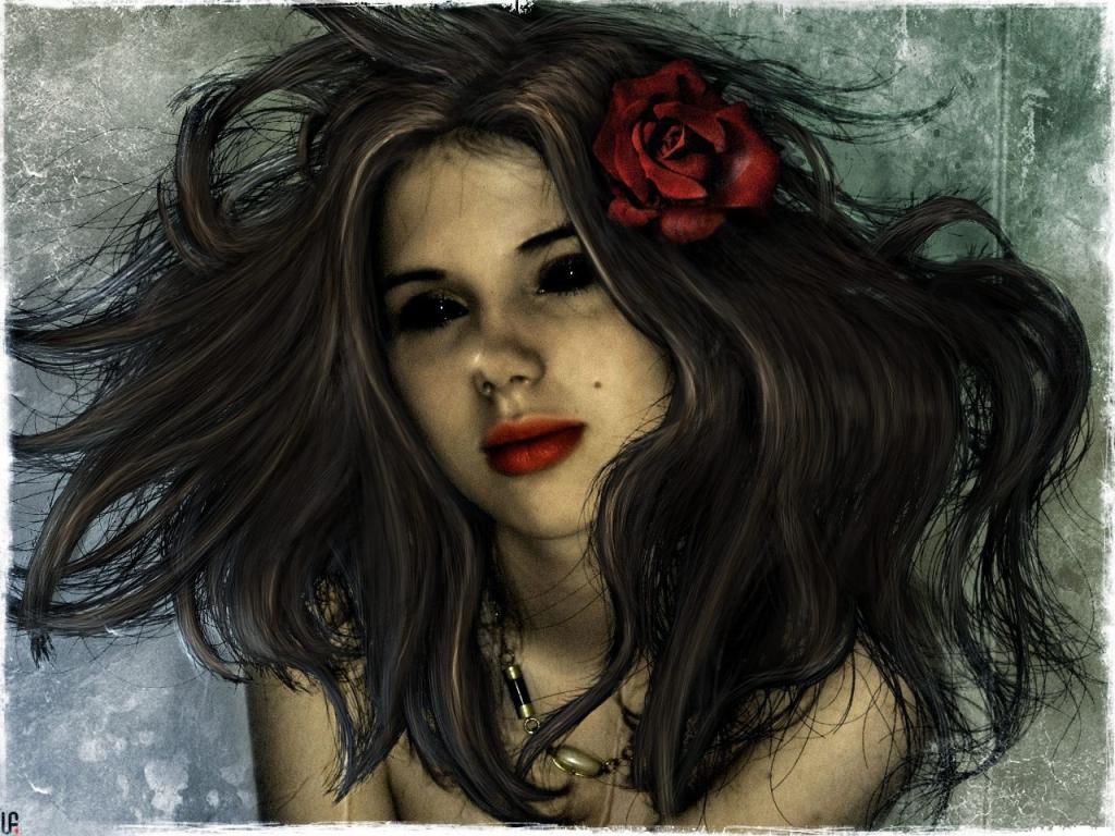 一朵玫瑰在她的头发的女孩