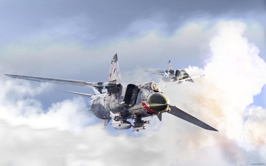 两架米格-23战斗机在云端