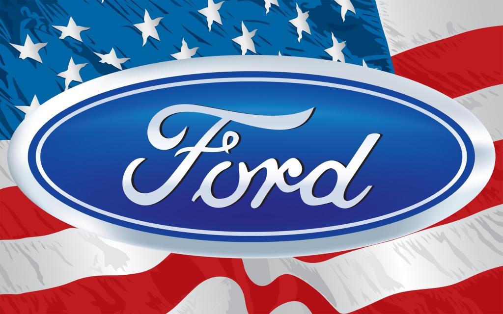 福特标志背景下的美国国旗