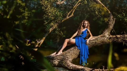 在一棵树上的蓝色连衣裙的女孩