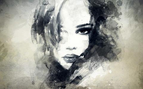 一个女孩的画像画在黑色的油漆