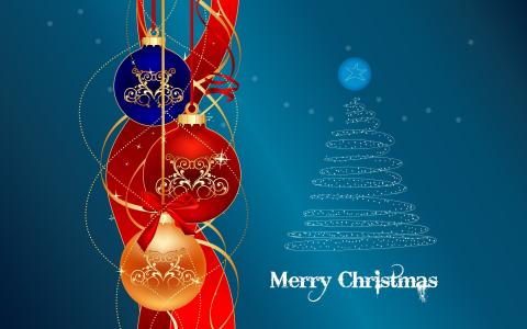 多彩多姿的圣诞树装饰圣诞节，蓝色背景