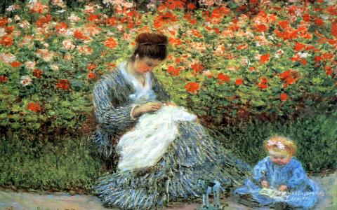 绘画通过Claude Monet  - 有孩子的妇女