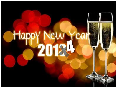 新年快乐2014年，香槟杯和灯