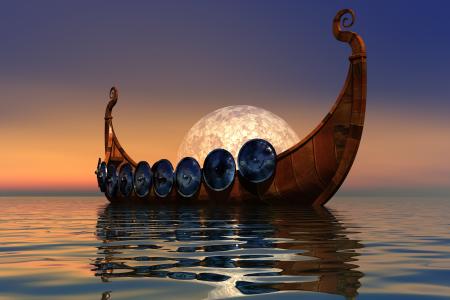 北欧海盗小船在月亮的背景在水3d图表