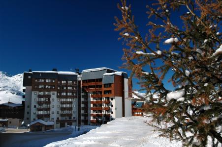 在一个房子的背景下的冷杉在Val-Thorens，法国的滑雪胜地