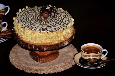 蛋糕与画蜘蛛网和一杯咖啡