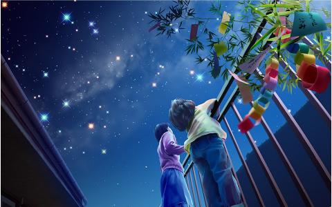 孩子们看着星星