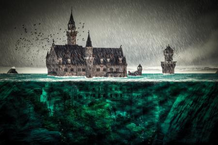 城堡正在淹没在洪水的水中