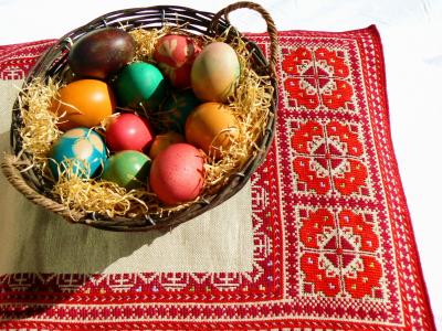 在复活节刺绣的鸡蛋篮子