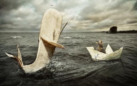 一个纸船上的男人和一只虎鲸