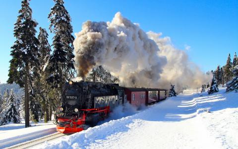 雪，树，烟，复古，火车