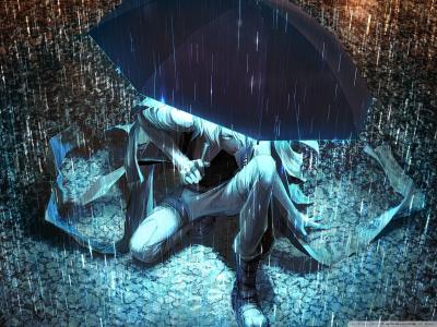 动漫的家伙躲在夜雨下的雨中