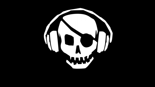 海盗在耳机，黑色背景的头骨