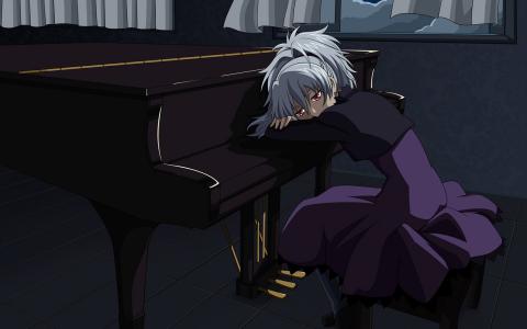 钢琴中的女孩在黑色比黑色黑