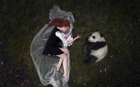 女孩和熊猫躺在草地上