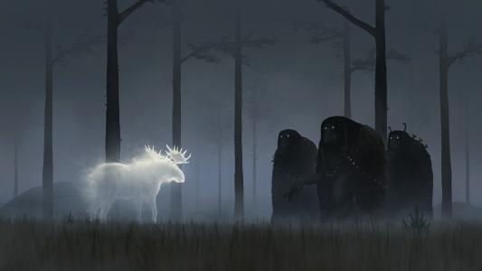 一只鹿在一个黑暗的森林里的鬼魂