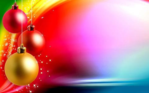 五颜六色的圣诞树玩具在圣诞节的彩色背景上