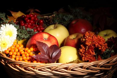 苹果和浆果在篮子里