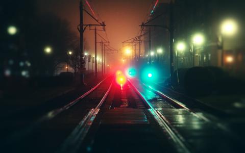 晚上，铁路，灯