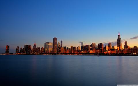 晚上，芝加哥，摩天大楼