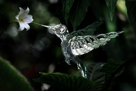 蜂鸟的机械鸟从花，蒸汽朋克收集花蜜