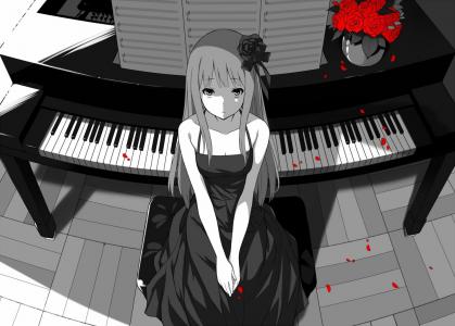 动漫女孩坐在钢琴