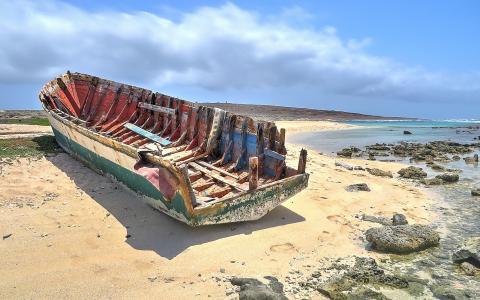 阿鲁巴海滩上的一艘船的骨架