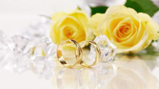 黄玫瑰和金结婚戒指