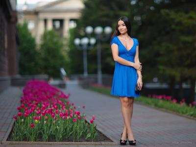 一件蓝色的连衣裙，在郁金香花坛的黑发