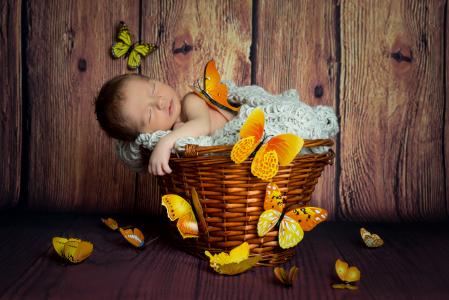 可爱的小宝贝睡在篮子里的蝴蝶