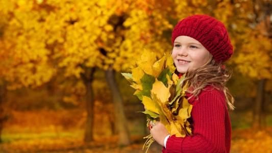 可爱的小女孩抱着秋天的落叶