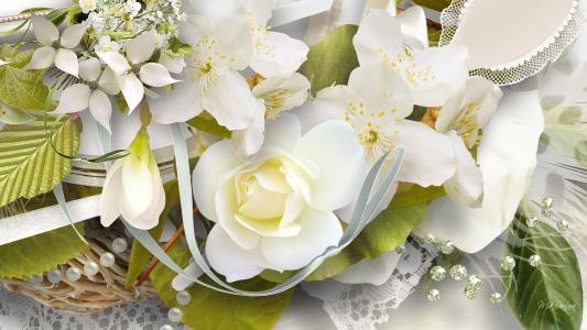 白玫瑰和其他花朵，3月8日的图片