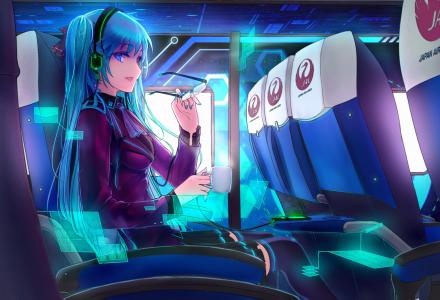 飞机机舱内的Vocaloid，动漫初音未来